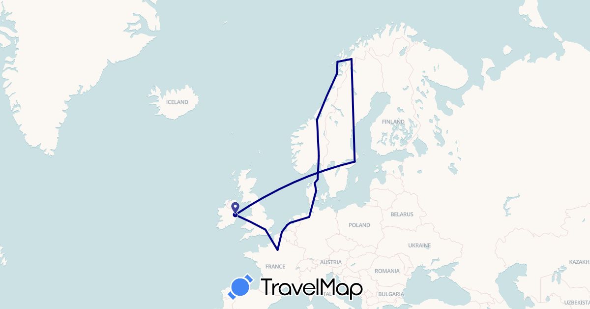 TravelMap itinerary: driving in Belgium, Germany, Denmark, France, United Kingdom, Ireland, Netherlands, Norway, Sweden (Europe)